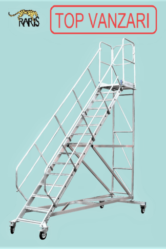 Scara mobila cu platforma, din aluminiu, la 45°, roti cu frana, produs RARIS, tip SPL45